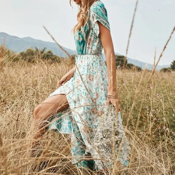 Boho Shabby Chic Floral Tie Front Split Thigh Dress - Picture 4 of 7